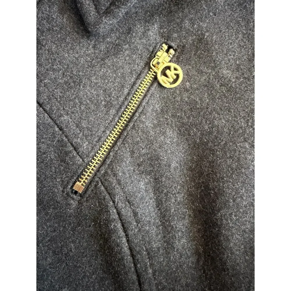 Michael Kors Wool Blend Asymmetrical Coat Size 6 Charcoal Gray Gold Zip